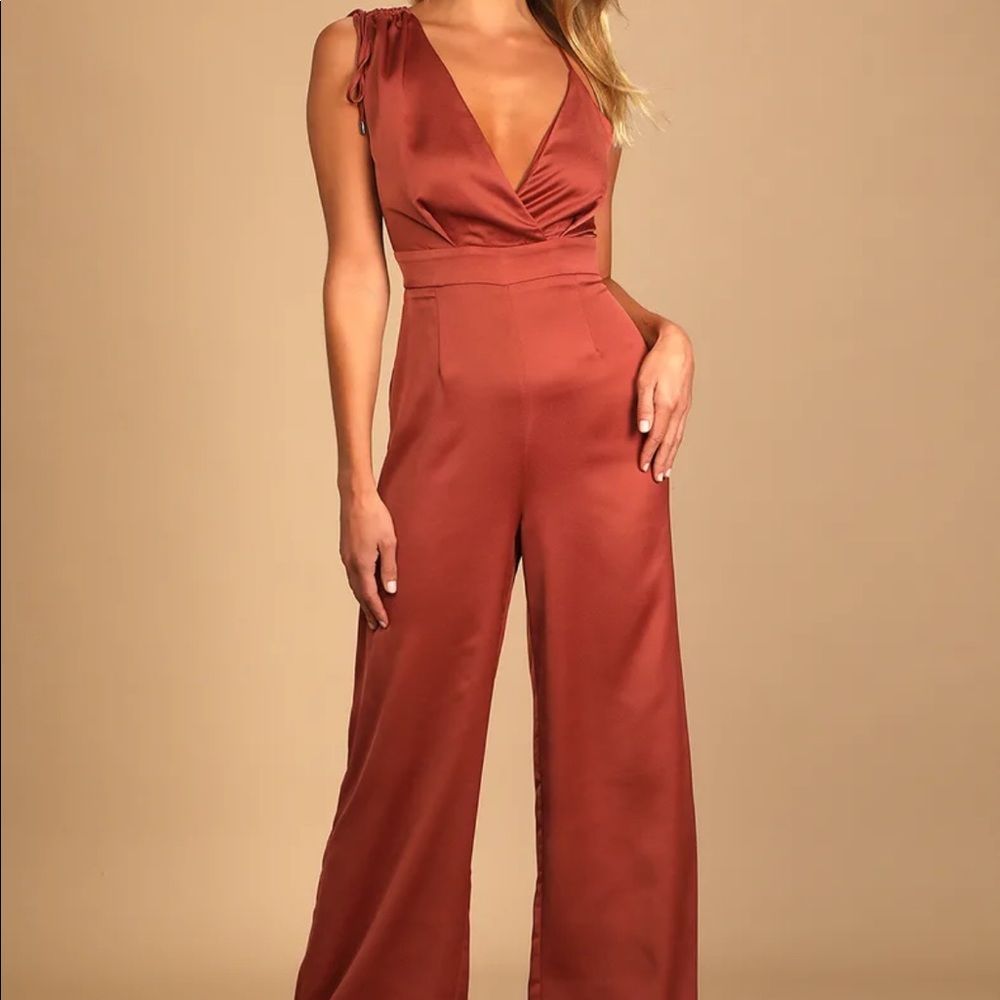 LuLu’s Look of Luxe Rusty Rose Satin Asymmetrical Wide-Leg Jumpsuit (Small)